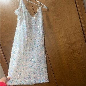 Iridescent White Sequin Slip Dress with V-Neck